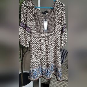 Tolani Brown Cream Peasant 3/4 Sleeve 100% Silk Dress